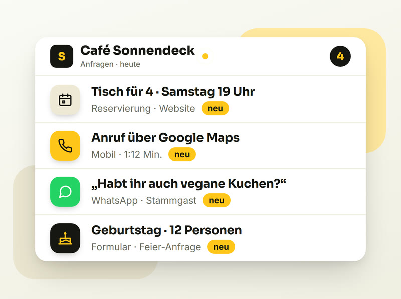 Beispiel-Eingang des Demo-Cafés „Café Sonnendeck“: Tischreservierung, Anruf, WhatsApp und Feier-Anfrage