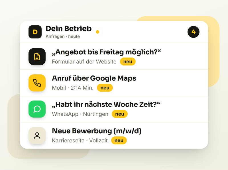 Beispiel-Eingang eines Betriebs: Anfrage über das Website-Formular, Anruf über Google Maps, WhatsApp und Bewerbung