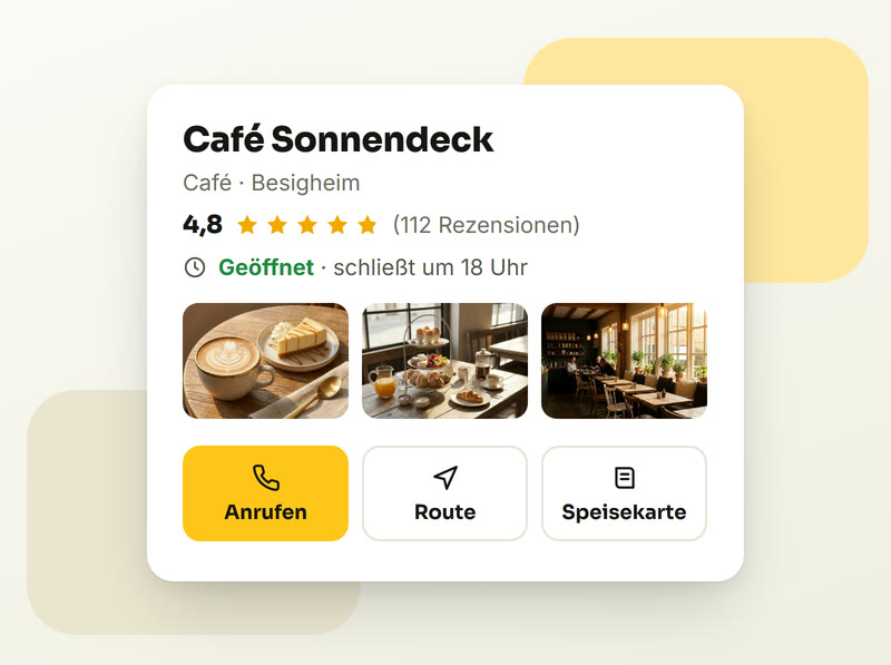 Google-Unternehmensprofil des Demo-Cafés „Café Sonnendeck“ mit Bewertung, Öffnungszeiten, Fotos und Knöpfen