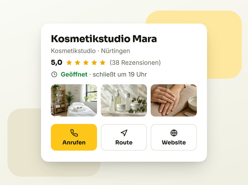Google-Unternehmensprofil des Demo-Studios „Kosmetikstudio Mara“ mit Bewertung, Öffnungszeiten, Fotos und Knöpfen