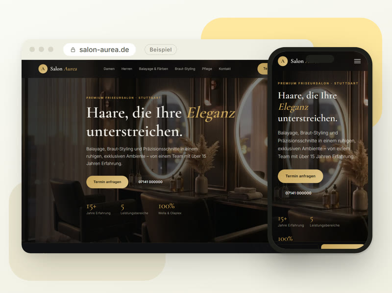 Demo-Website „Salon Aurea“ scrollt im Browser und auf dem Handy