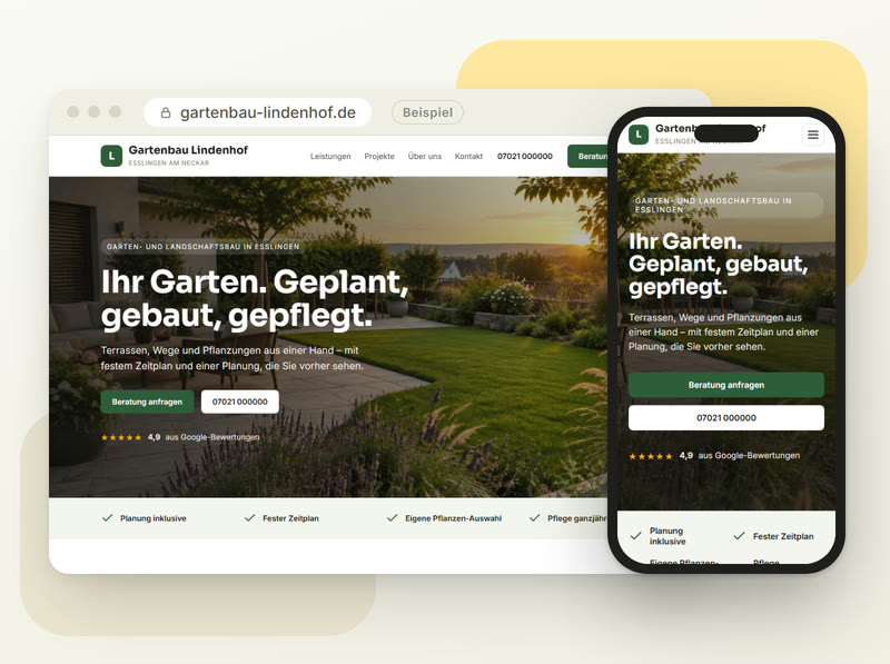 Demo-Website „Gartenbau Lindenhof“ scrollt im Browser und auf dem Handy