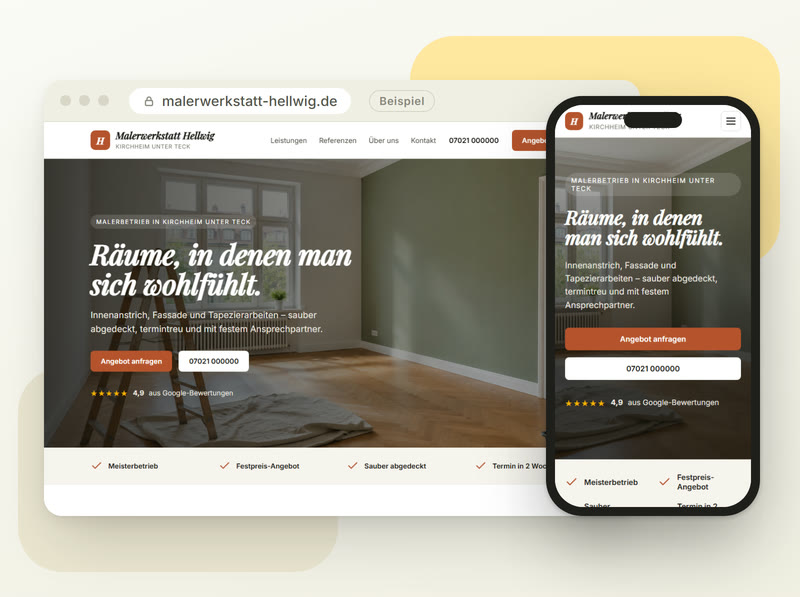 Demo-Website „Malerwerkstatt Hellwig“ scrollt im Browser und auf dem Handy