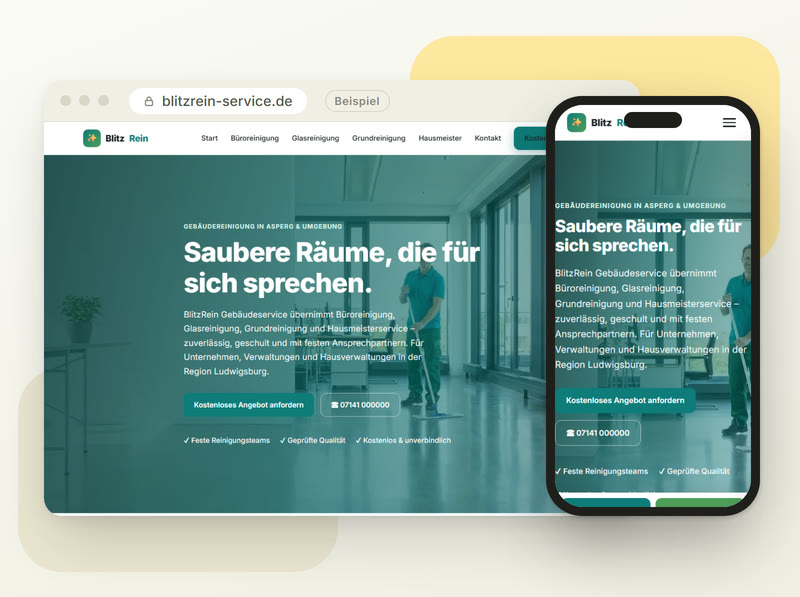 Demo-Website „BlitzRein Gebäudeservice“ scrollt im Browser und auf dem Handy