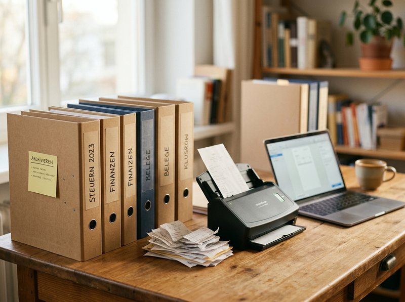 Digitale Ablage: beschriftete Ordner, Belege und Dokumentenscanner