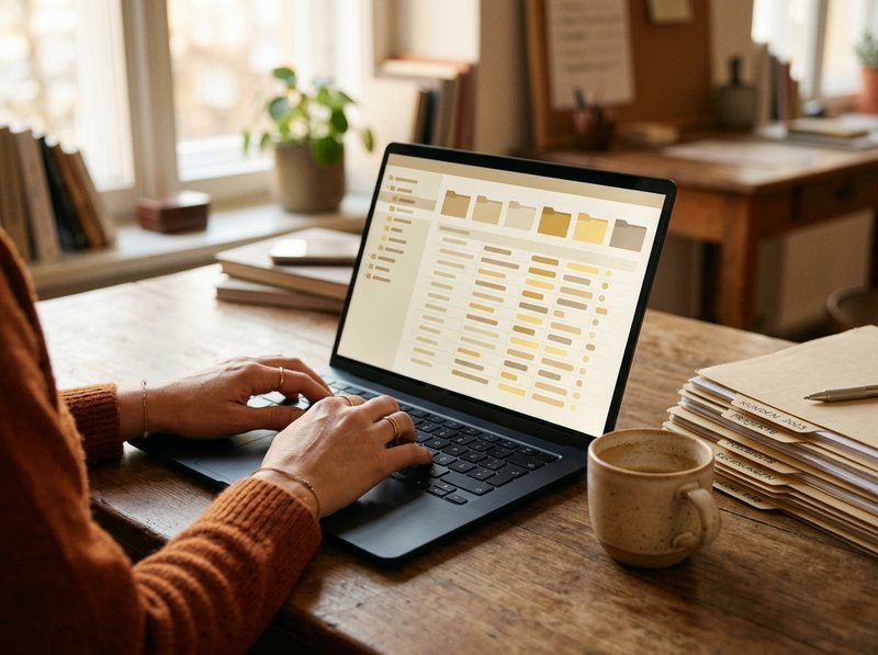 Datenpflege am Laptop: gepflegte Kundendaten und geordnete Unterlagen