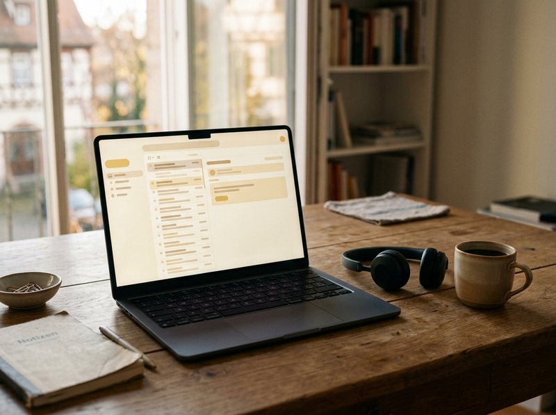 E-Mail-Postfach auf dem Laptop mit Headset am Büro-Schreibtisch