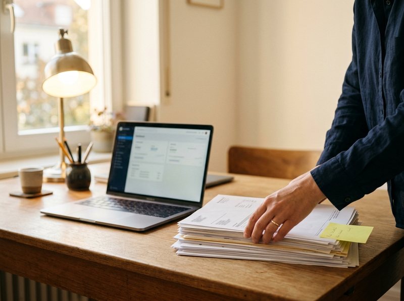 Büroorganisation am Schreibtisch: Unterlagen, Laptop und Notizen