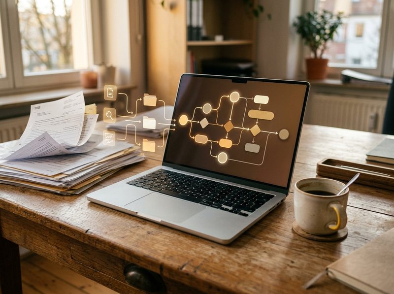 Automatisierter Arbeitsablauf als Diagramm auf einem Laptop