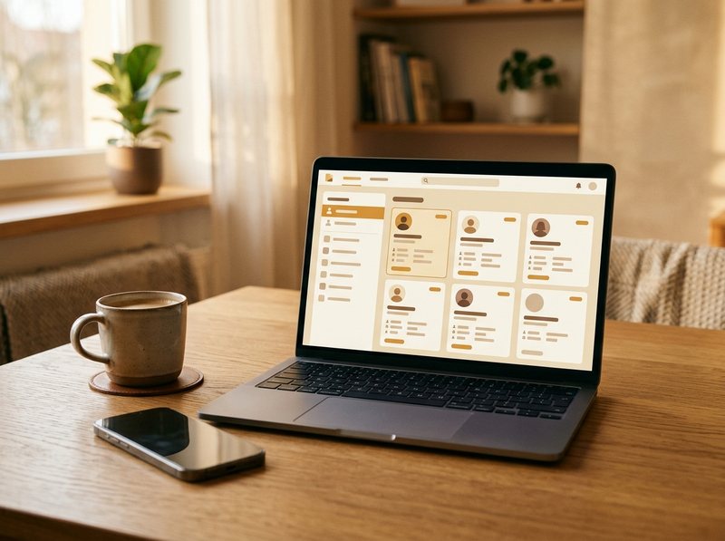 Schlanke Kundenverwaltung mit Kontaktkarten auf dem Laptop-Bildschirm
