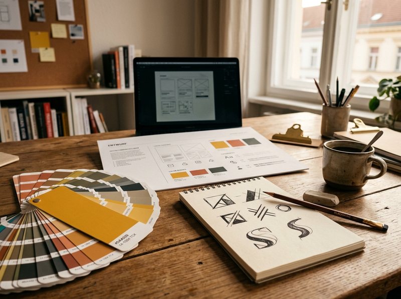 Designer-Schreibtisch mit Logo-Skizzen, Farbmustern und Styleguide