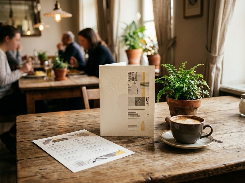 Gedruckte Speisekarte und Speisekartenflyer auf einem Café-Tisch