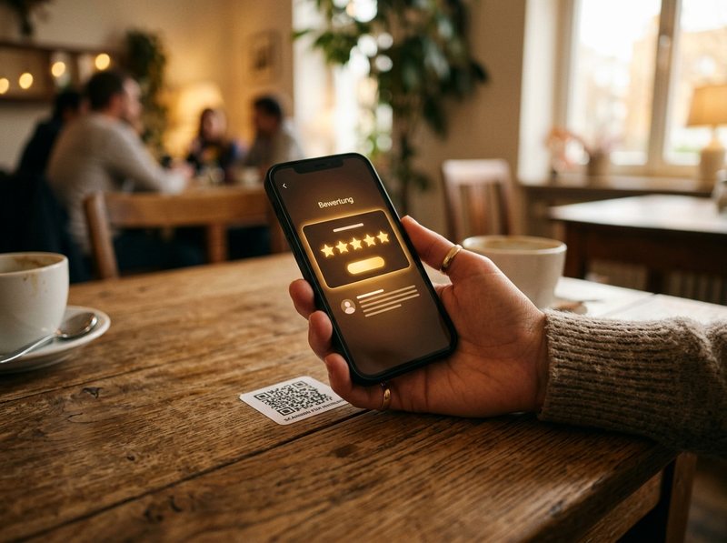 Fünf-Sterne-Bewertung auf dem Smartphone in einem Café