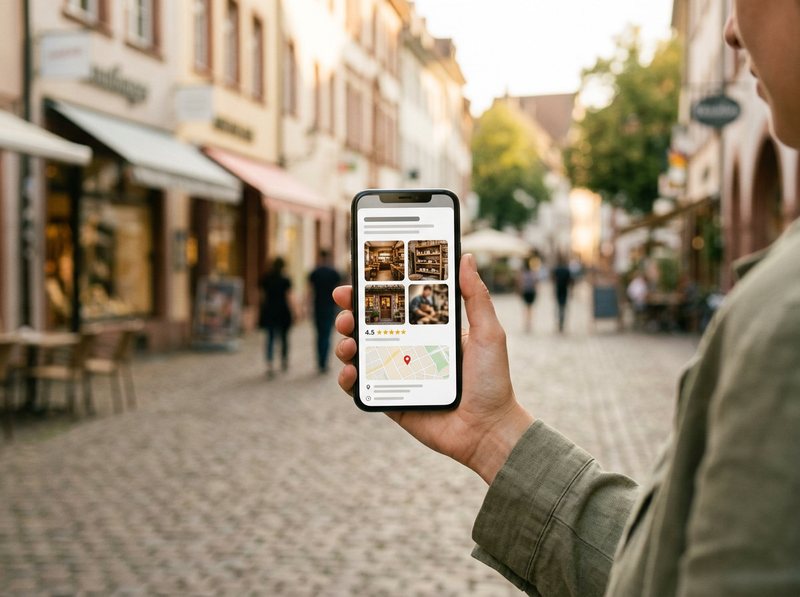 Unternehmensprofil mit Bewertungssternen und Karte auf dem Smartphone