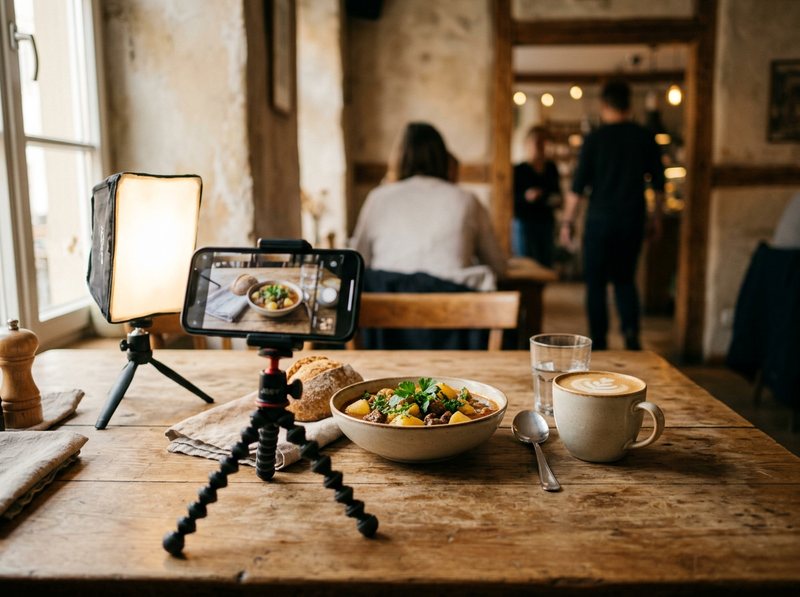 Content-Produktion: Smartphone auf Stativ fotografiert ein Gericht im Café