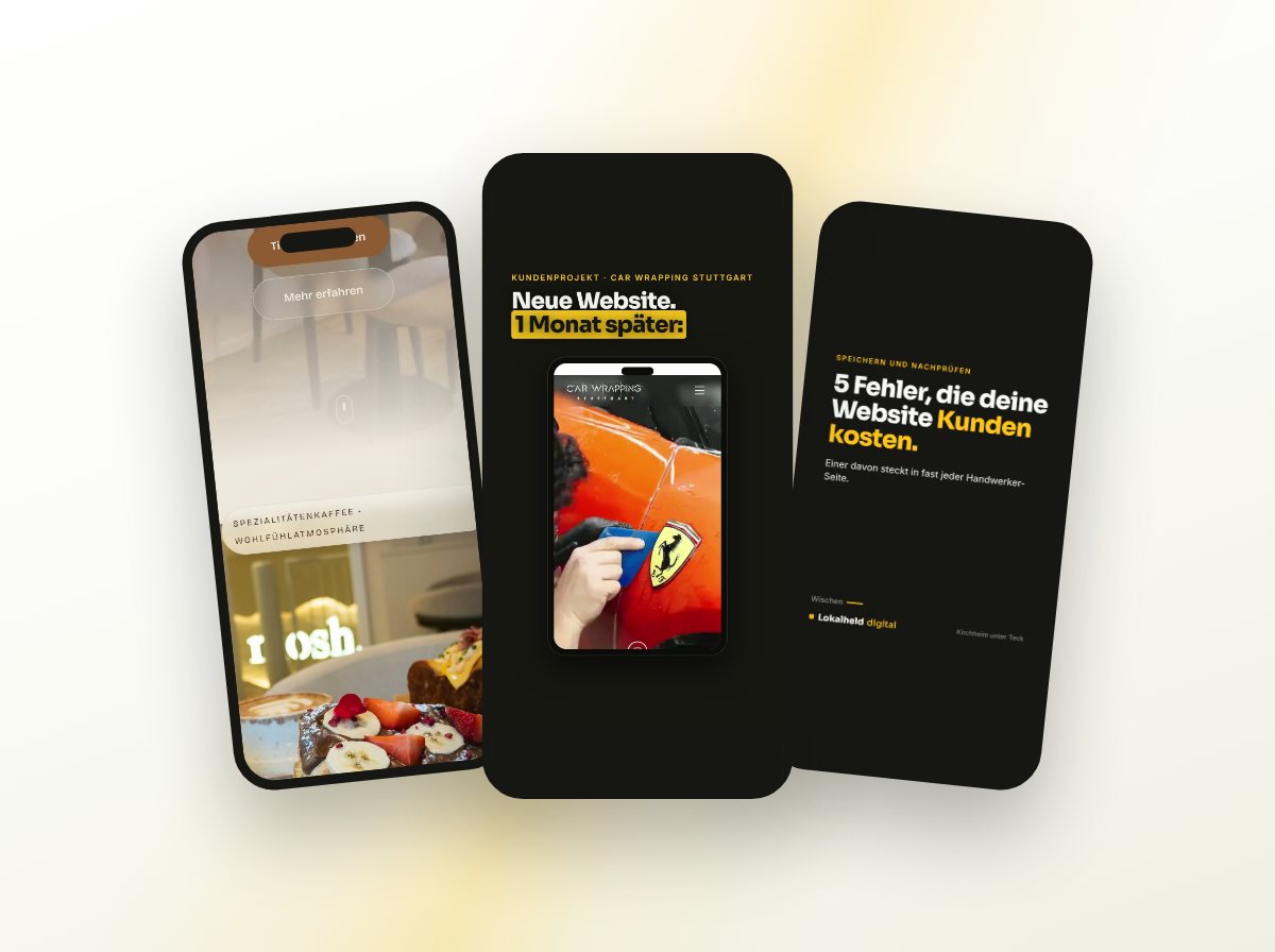 Reels und Karussell aus der Arbeit von Lokalheld: Café Mosh, Car Wrapping Stuttgart und ein Ratgeber-Beitrag