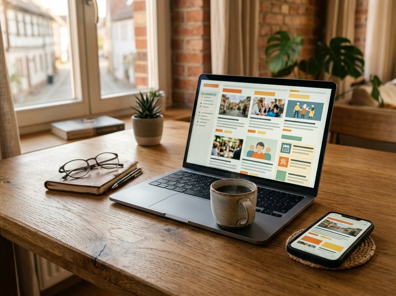 Lokaler Community-Feed auf Laptop und Smartphone am Schreibtisch