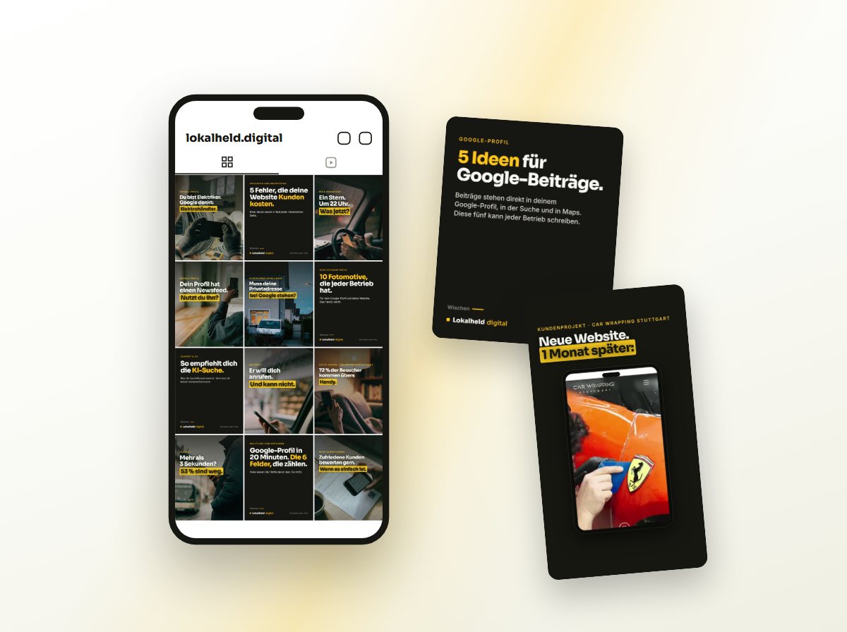 Instagram-Raster mit Reels und Karussells, die Lokalheld erstellt und veröffentlicht hat