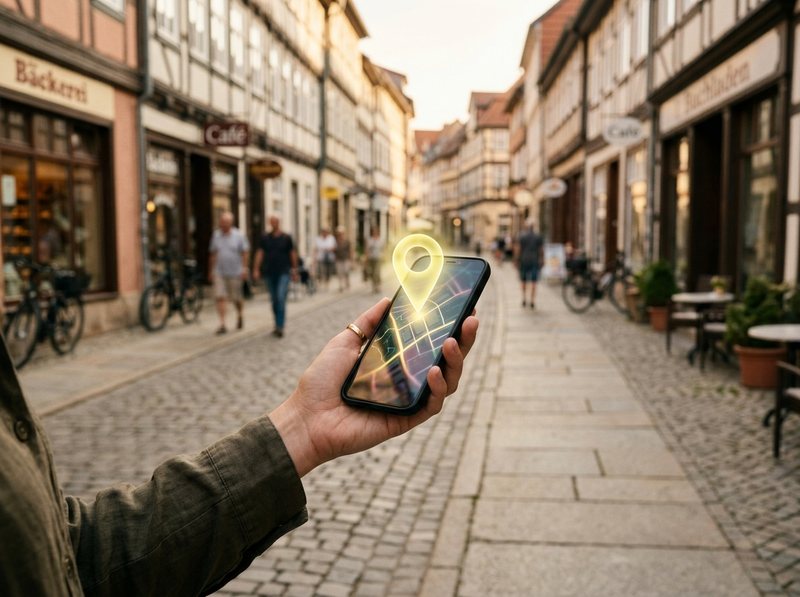 Lokale Reichweite: Smartphone mit Standort-Markierung in einer Innenstadt