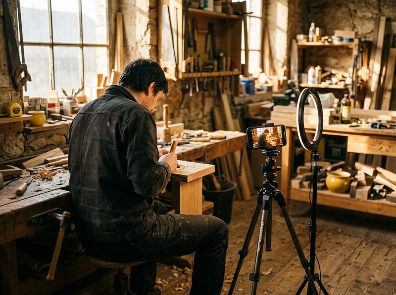 Social-Media-Content-Produktion: Smartphone filmt einen Handwerker bei der Arbeit