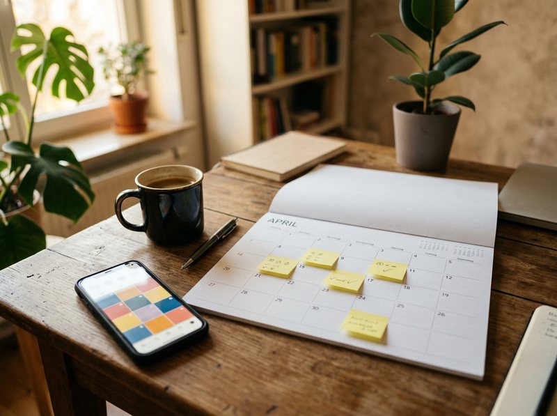 Redaktionsplan für Social Media mit Kalender und Smartphone am Schreibtisch
