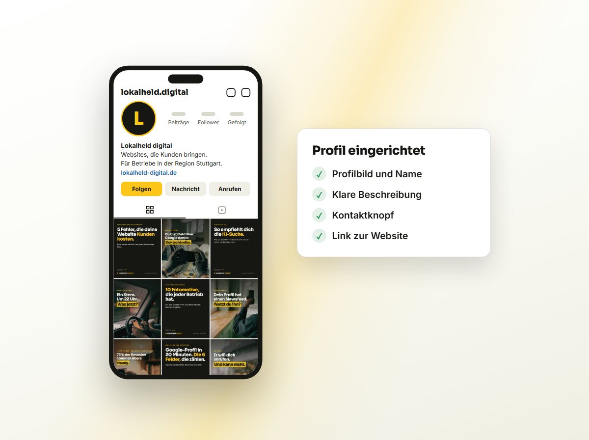 Eingerichtetes Instagram-Profil mit Profilbild, Beschreibung, Kontaktknopf und Link zur Website