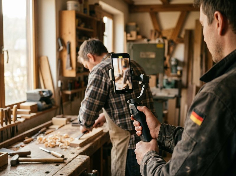 Kurzvideo-Dreh mit Gimbal von einem Handwerker in der Werkstatt