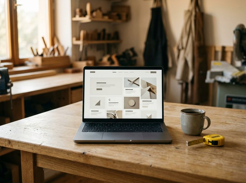 Moderne Website eines lokalen Betriebs auf einem Laptop in der Werkstatt