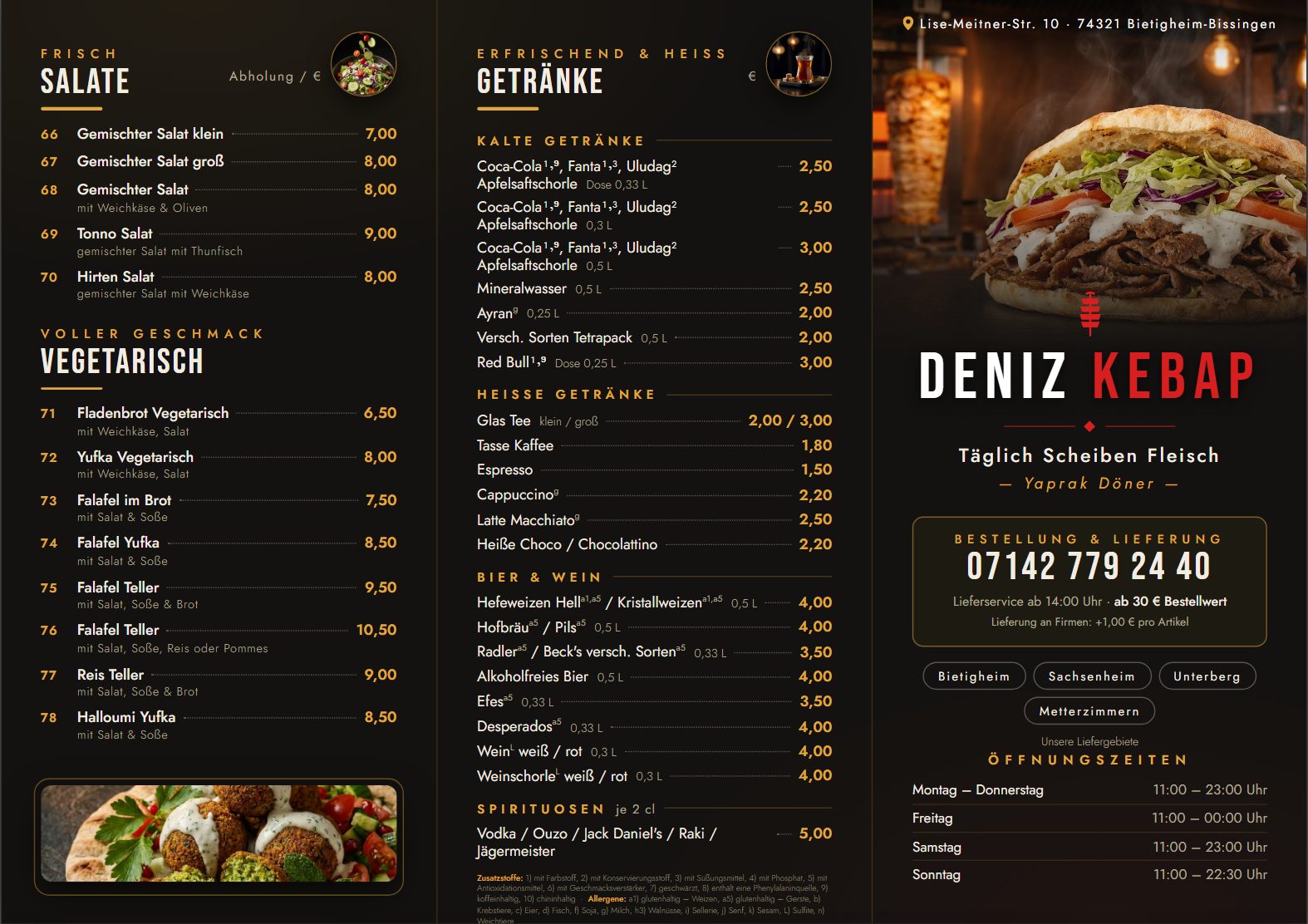 Neuer Speisekartenflyer für Deniz Kebap – Außenseite mit Titel, Getränken und Lieferinfos