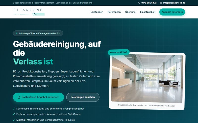 Website CleanZone Facility Management – Startseite mit Leistungen und Angebotsanfrage