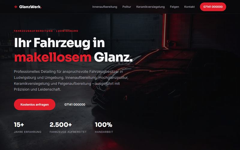 Website GlanzWerk Detailing – Fahrzeugaufbereitung Ludwigsburg