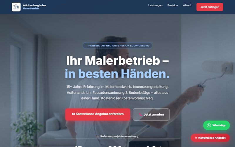 Website Württembergischer Malerbetrieb – Startseite mit Leistungen, Kostenvoranschlag-Anfrage und WhatsApp