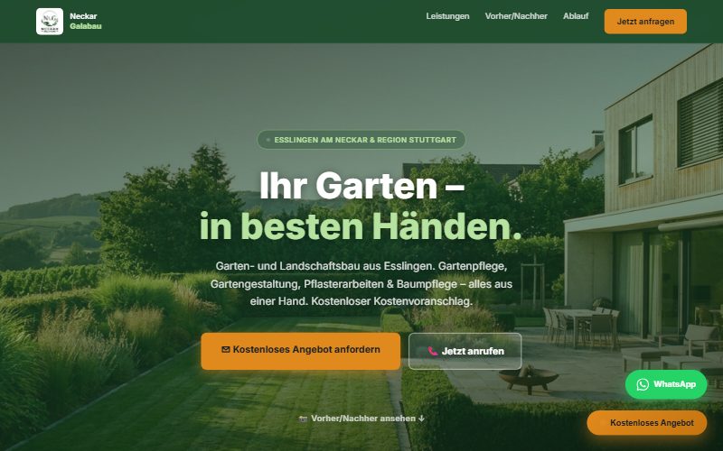 Website Neckar Galabau – Startseite mit Leistungen, Kostenvoranschlag-Anfrage und WhatsApp