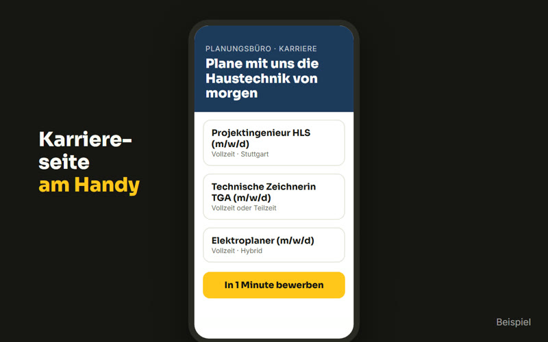 Beispiel: Karriereseite eines Planungsbüros am Handy mit offenen Stellen und Knopf In 1 Minute bewerben